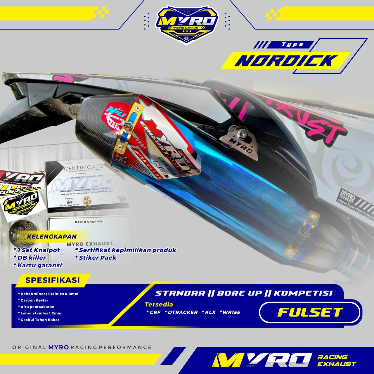 Knalpot untuk Xr150 Crf150 Klx150 Dtracker Wr155 Original Myro Exhaust Type Nordick
